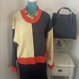 Navy, Yellow (Cream) and Orange Colorblock Sweater